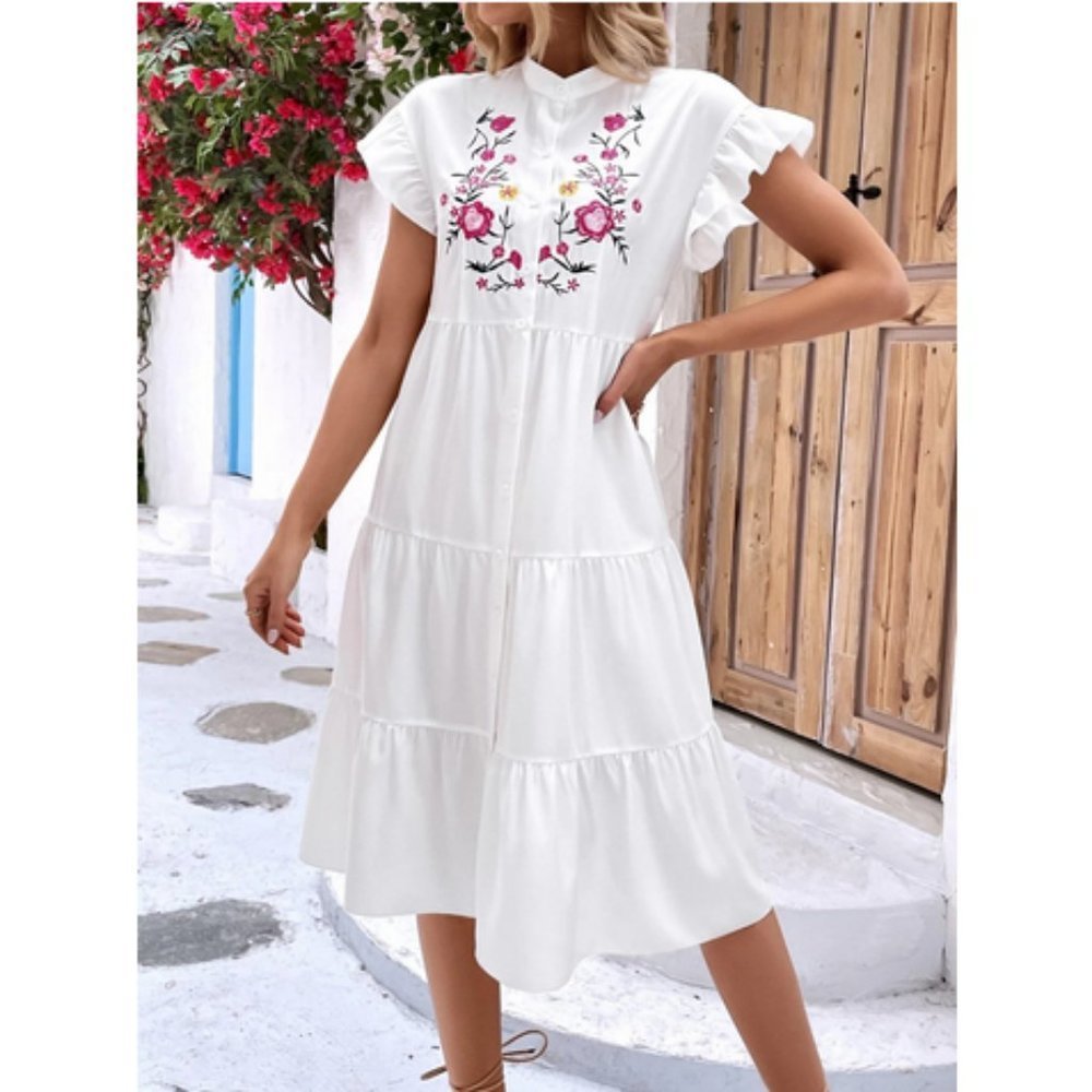 White Boho Womens Floral Embroidery Ruffle Hem Smock Dress - Picture 3 of 6